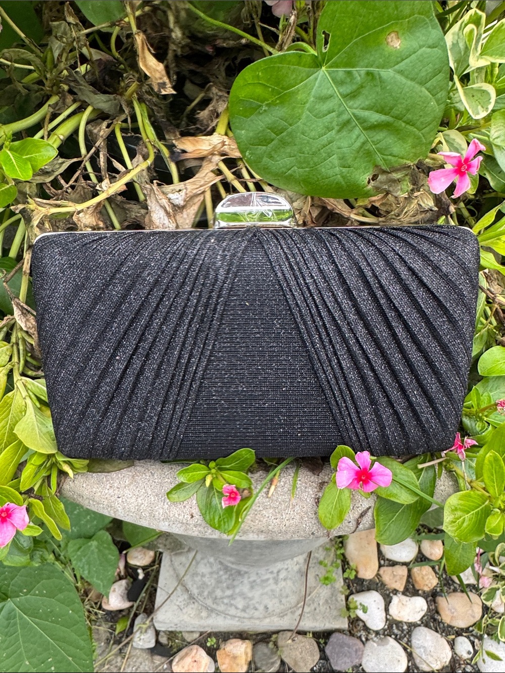 Black Sparkle Evening Clutch - Pleated Accent